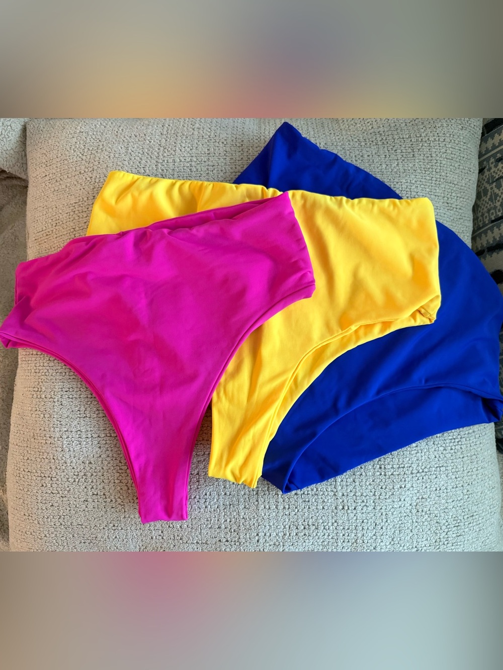 Set of Three High-Waist Bikini Bottoms in Hot Pink, Yellow, and Royal Blue